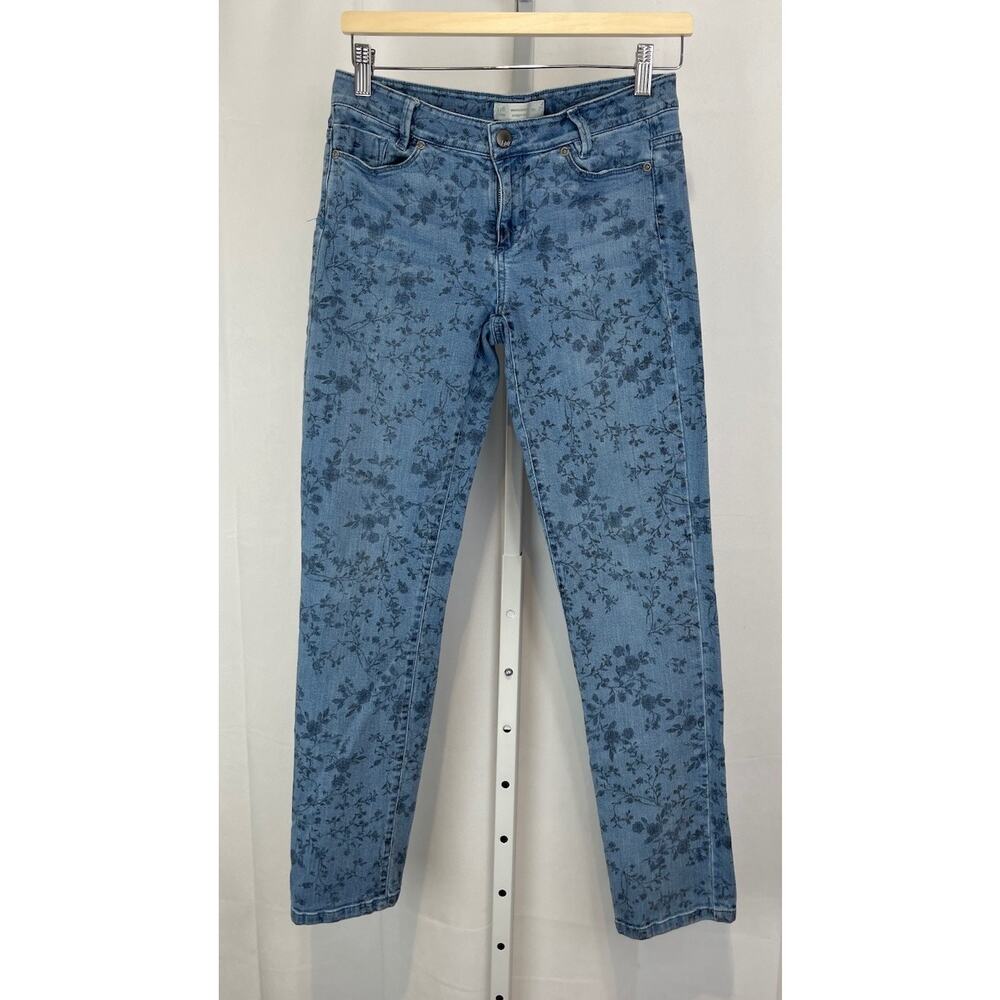 J. JILL Size 2 Denim Floral Weekender Straight Leg Jeans Zip Fly 5 Pocket Blue
